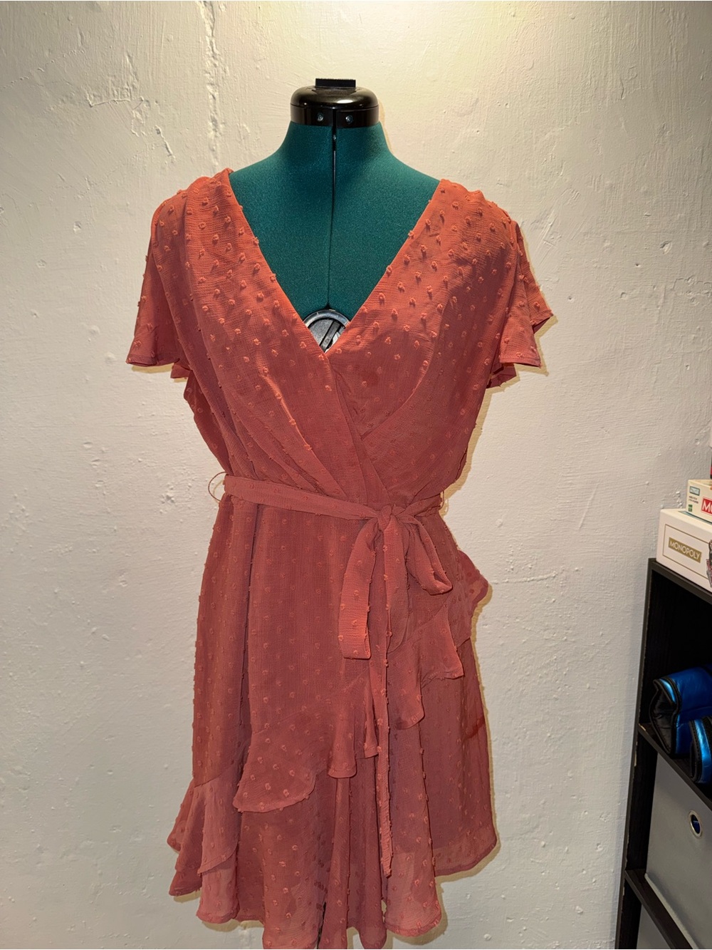 Chelsea28 Rust Textured Wrap Dress with Ruffle Hem